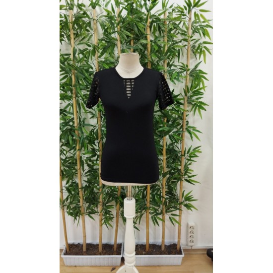 Kadın Kısa Kollu Yakası Açık Damla Ağ Tül Detaylı Viskon Bluz , 23684