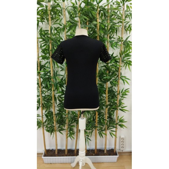 Kadın Kısa Kollu Yakası Açık Damla Ağ Tül Detaylı Viskon Bluz , 23684