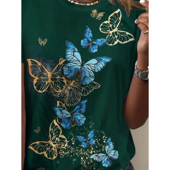 Kadın Kısa Kollu Mavi Sarı Kelebek Baskı Süprem Bluz, 23801 Kadın Kısa Kollu Mavi Sarı Kelebek Baskı Süprem Bluz, 23801