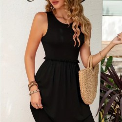 Kadın Kolsuz Bel Lastik Ve Büzgü Detay Viskon Mini Elbise, 23841