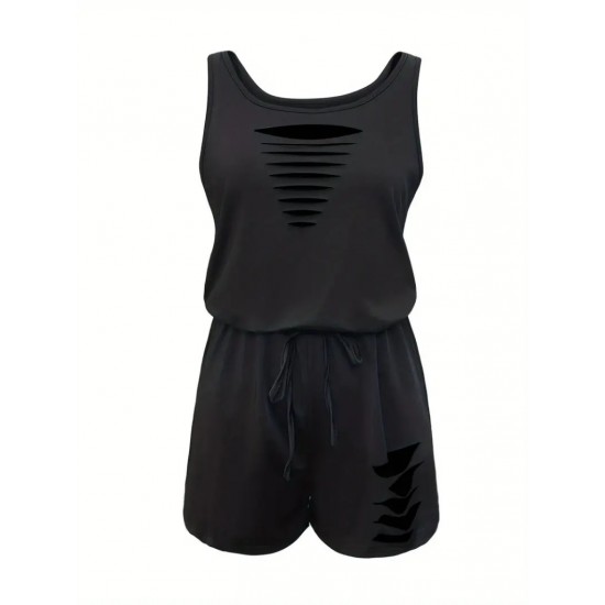 Kadın Askılı Yuvarlak Yaka Lazer Kesim Detaylı Bağcıklı Kısa Viskon Tulum , 23881