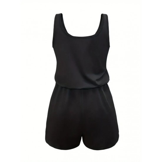 Kadın Askılı Yuvarlak Yaka Lazer Kesim Detaylı Bağcıklı Kısa Viskon Tulum , 23881