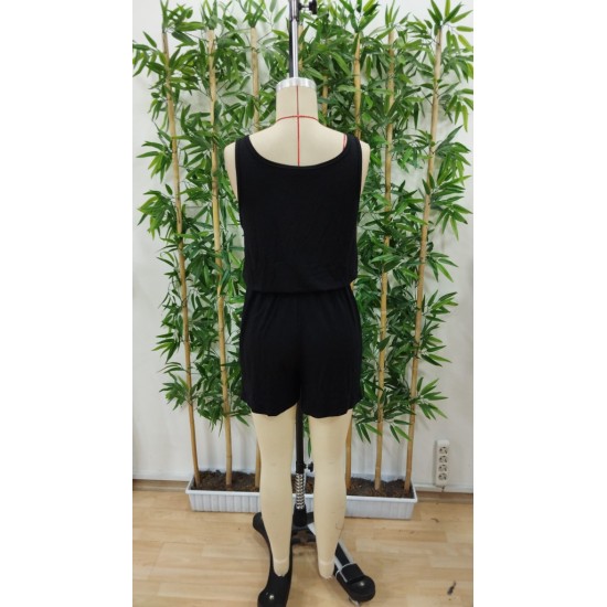 Kadın Askılı Yuvarlak Yaka Lazer Kesim Detaylı Bağcıklı Kısa Viskon Tulum , 23881