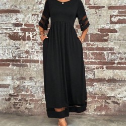 Kadın Kısa Kollu Bisiklet Yaka Tül Detaylı Janjan Krep Maksi Elbise, 23911