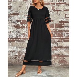 Kadın Kısa Kollu Bisiklet Yaka Tül Detaylı Janjan Krep Maksi Elbise, 23911 Kadın Kısa Kollu Bisiklet Yaka Tül Detaylı Janjan Krep Maksi Elbise, 23911