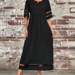 Kadın Kısa Kollu Bisiklet Yaka Tül Detaylı Janjan Krep Maksi Elbise, 23911 Kadın Kısa Kollu Bisiklet Yaka Tül Detaylı Janjan Krep Maksi Elbise, 23911