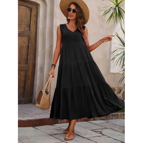 Kadın Askılı V Yakalı Fırfırlı Maksi Boy Viskon Elbise , 23927