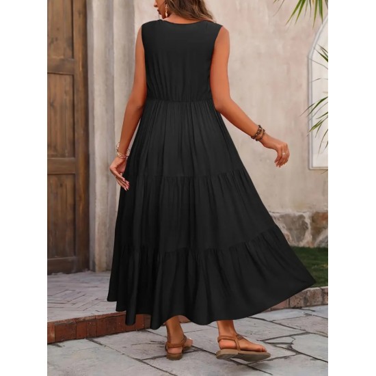 Kadın Askılı V Yakalı Fırfırlı Maksi Boy Viskon Elbise , 23927