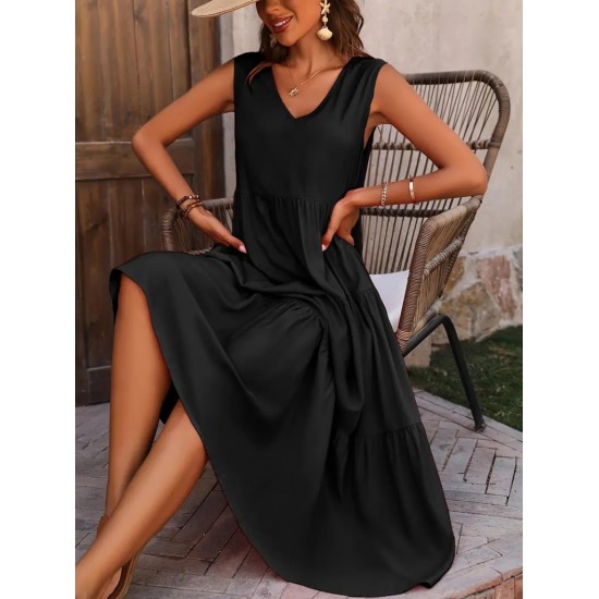 Kadın Askılı V Yakalı Fırfırlı Maksi Boy Viskon Elbise , 23927