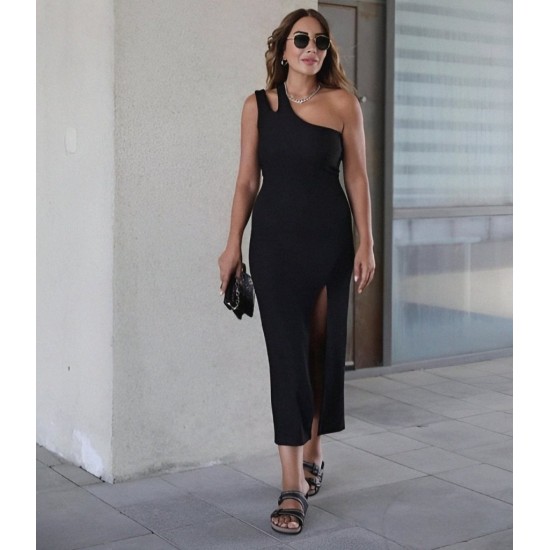 Kadın Kolsuz Tek Omuz Damla Detay JanJan Krep Elbise, 23935