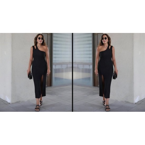 Kadın Kolsuz Tek Omuz Damla Detay JanJan Krep Elbise, 23935