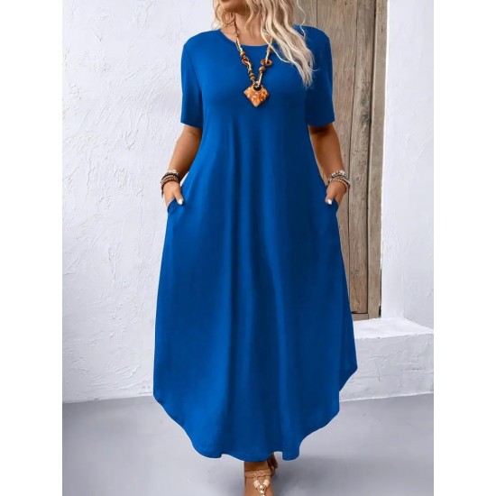 Women' S Short Sleeve Crew Neck Pocket Loose Viscose Dress , 23939 Women' S Short Sleeve Crew Neck Pocket Loose Viscose Dress , 23939