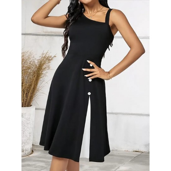 Kadın Tek Omuzu şerit Detaylı Kolsuz Yandan Düğme Detaylı Janjan Krep Elbise, 23936