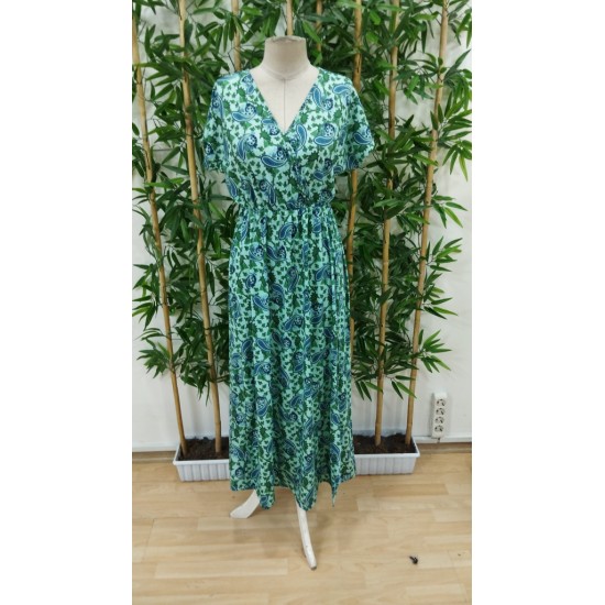 Kadın Kısa Kollu V Yaka Etnik Desenli Yırtmaçlı Süprem Elbise (kemersiz), 23945