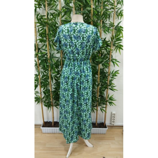 Kadın Kısa Kollu V Yaka Etnik Desenli Yırtmaçlı Süprem Elbise (kemersiz), 23945