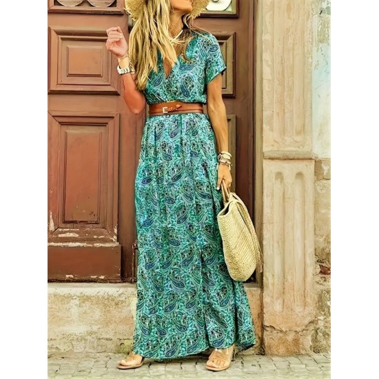 Kadın Kısa Kollu V Yaka Etnik Desenli Yırtmaçlı Süprem Elbise (kemersiz), 23945