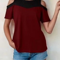 Kadın Kısa Kollu Omuzlardan Açık Detaylı çift Renkli Viskon Bluz, 23947