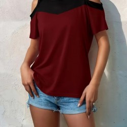 Kadın Kısa Kollu Omuzlardan Açık Detaylı çift Renkli Viskon Bluz, 23947