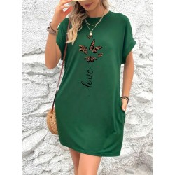 Kadın Kısa Kollu Bisiklet Yaka Cepli Kelebek Baskılı Viskon Elbise , 23983