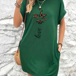 Kadın Kısa Kollu Bisiklet Yaka Cepli Kelebek Baskılı Viskon Elbise , 23983