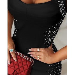 Kadın Askılı Dekolteli Taş Detaylı Kısa Ithal Krep Elbise, 23993