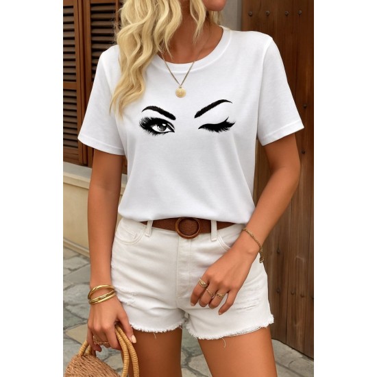 Kadın Kısa Kollu Bisiklet Yaka Göz Baskılı Süprem T-shirt , 24007