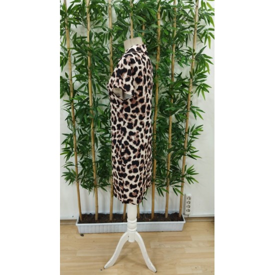 Kadın Kısa Kollu V Yakalı Leopar Desenli Atlas Kısa Elbise, 24018 Kadın Kısa Kollu V Yakalı Leopar Desenli Atlas Kısa Elbise, 24018