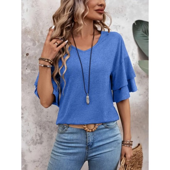 Kadın Kısa Kollu V Yakalı Viskon Bluz , 24055