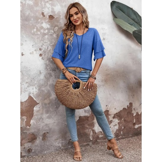 Kadın Kısa Kollu V Yakalı Viskon Bluz , 24055