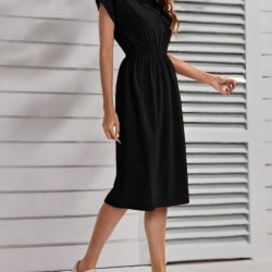 Kadın Kısa Kollu Bisiklet Yaka Belden Lastikli Midi Viskon Elbise , 24046 Kadın Kısa Kollu Bisiklet Yaka Belden Lastikli Midi Viskon Elbise , 24046