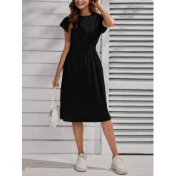 Kadın Kısa Kollu Bisiklet Yaka Belden Lastikli Midi Viskon Elbise , 24046