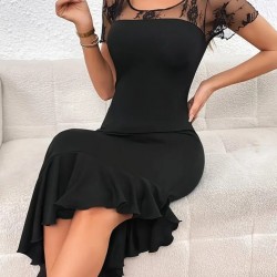 Kadın Kısa Kollu Yakası Açık Dantel Detaylı Fırfırlı Asimetrik Janjan Krep Elbise, 24062