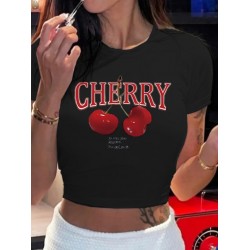 Kadın Kısa Kollu Bisiklet Yaka Desenli Krop Bluz , 24090