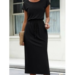 Women' S Short-sleeved, Open-neck, Belted, Side-slit Midi Viscose Dress., 24109