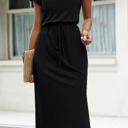 Kadın Kısa Kollu Yakası Açık Belden Kuşaklı Yandan Yırtmaçlı Midi Viskon Elbise, 24109