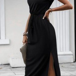 Kadın Kısa Kollu Yakası Açık Belden Kuşaklı Yandan Yırtmaçlı Midi Viskon Elbise, 24109 Kadın Kısa Kollu Yakası Açık Belden Kuşaklı Yandan Yırtmaçlı Midi Viskon Elbise, 24109