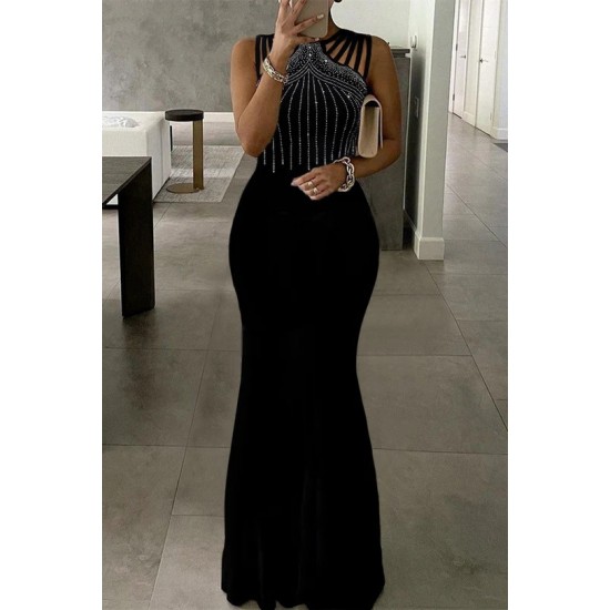 Kadın Omuz çoklu Askılı önü Taş Işlemeli Balık Kesim Janjan Krep Maxi Boy Elbise, 24135