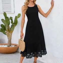 Kadın Kolsuz Etek Ucu Lazer Kesim çiçek Desenli Midi Boy Ithal Krep Elbise , 24190