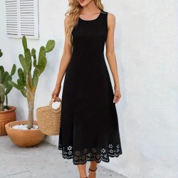 Kadın Kolsuz Etek Ucu Lazer Kesim çiçek Desenli Midi Boy Ithal Krep Elbise , 24190