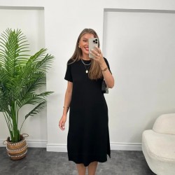 Kadın Kısa Kollu Yırtmaç Detaylı Salaş Viskon Elbise , 23932