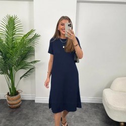 Kadın Kısa Kollu Yırtmaç Detaylı Salaş Viskon Elbise , 23931