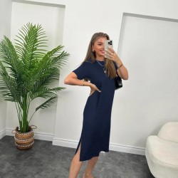 Kadın Kısa Kollu Yırtmaç Detaylı Salaş Viskon Elbise , 23931