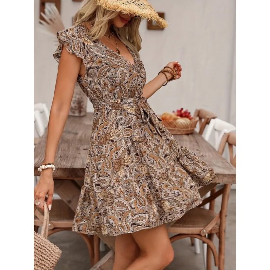 Kadın Kısa Fırfır Kollu V Yakalı Belden Kuşaklı Desenli Süprem Elbise , 24225