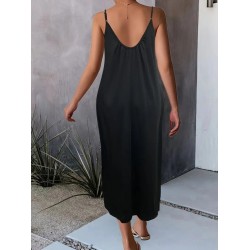 Kadın Ip Askılı Geniş V Yakalı Cepli Viskon Elbise , 24241