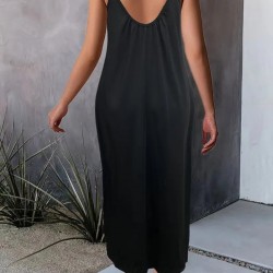 Kadın Ip Askılı Geniş V Yakalı Cepli Viskon Elbise , 24241