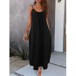 Kadın Ip Askılı Geniş V Yakalı Cepli Viskon Elbise , 24241
