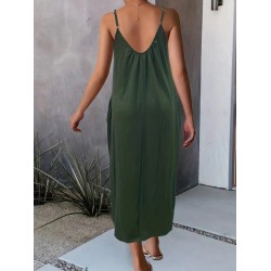 Kadın Ip Askılı Geniş V Yakalı Cepli Viskon Elbise , 24240