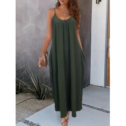 Kadın Ip Askılı Geniş V Yakalı Cepli Viskon Elbise , 24240