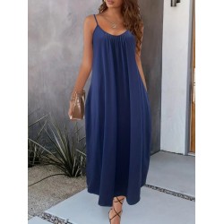 Kadın Ip Askılı Geniş V Yakalı Cepli Viskon Elbise , 24238