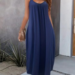 Kadın Ip Askılı Geniş V Yakalı Cepli Viskon Elbise , 24238